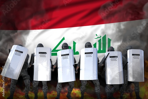 Iraq police guards protecting order against mutiny - protest stopping concept, military 3D Illustration on flag background