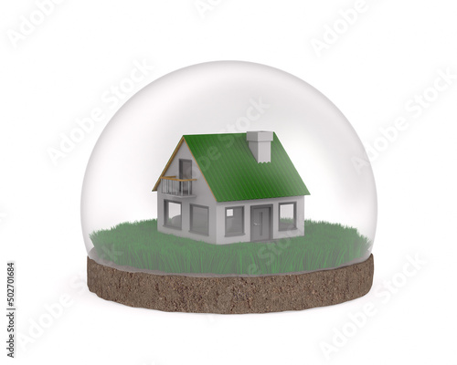 house and round soil ground with green grass on white background. Isolated 3D...