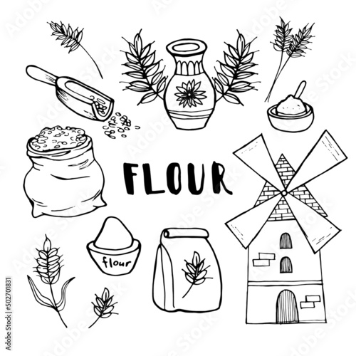 Flour doodle set. Hand-drawn wheat and mill. Vector illustration