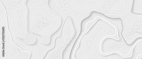 The stylized height of the topographic map in contour, lines. Torn paper edges for background. Ripped paper texture on transparent background. Paper art abstract gray and white water waves.