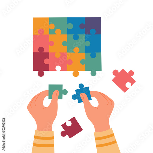 Kids hands hold and connect elements of jigsaw. Picking up puzzles. Top view on the process. Art studio for kids. Hand drawn vector illustration isolated on white background. Flat cartoon style.
