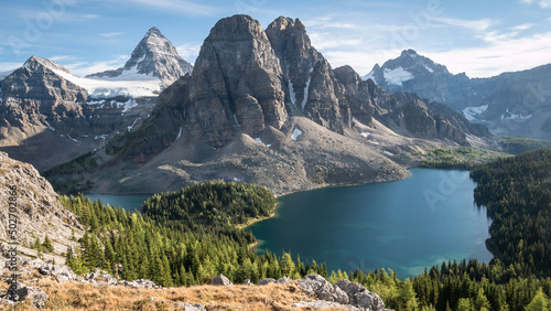 Beautiful alpine vista with view on mountains and lake, Mt Assiniboine Provincial Park, Canada photo
