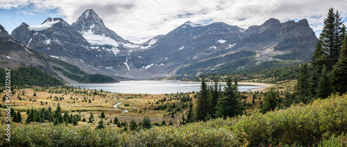Beautiful alpine panorama with mountain range, forest and lake, Mt Assiniboine Prov. Park, Canada photo