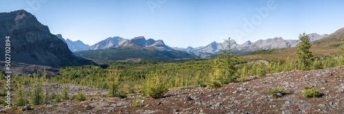 Panoramic view on beautiful alpine pass surrounded with mountains, Mt Assiniboine PP, Canada