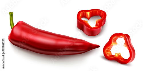 Red chili pepper, hot spicy plant pod, paprika cayenne with green stem vector realistic illustration isolated on white background. Chopped ripe vegetable with shadow