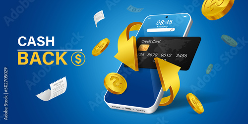 Mobile cash back service, financial payment Smartphone mobile screen, technology mobile display light. Vector illustration.Cash back, money saving vector concept with dollar coins, wallet, arrows.