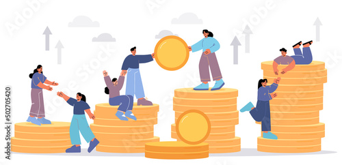 Business team work together and help each other. Concept of success teamwork, partnership, money growth. Vector flat illustration of people climb on stairs of coin stacks