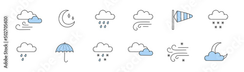 Weather icons, meteorology forecast signs with moon, clouds, water drops, snowflakes, and umbrella. Vector doodle set of symbols of wind storm, rain, snow, clear night sky, overcast, and blizzard