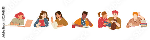Students study with books and laptop, read and write together. Vector flat illustration of young people learning in education class, university or college library