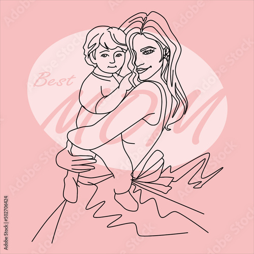 Young happy mother with a baby in her arms in lineart style.  Mother Day Vector Card