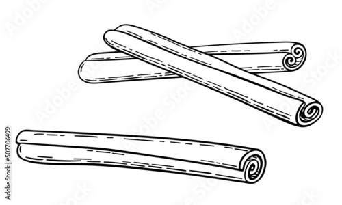 Cinnamon stick vector drawing. Hand drawn sketch of canella. Illustration in engraving style, isolated on a white background. Cinnamon spice and flavor. Design element for banner, menu, product, good.