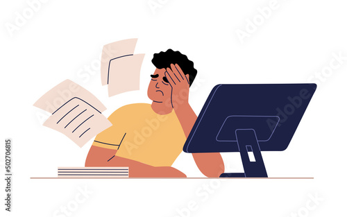 Man tired of hard working, burnout at work. Guy at office sits by the table with computer. Unhappy person overworked. Hand drawn vector illustration isolated on white background. Flat cartoon style.