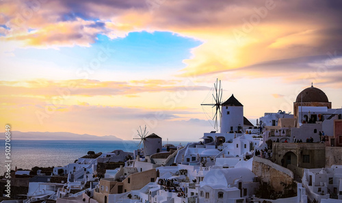 The banner of travel in summer at Santorini view point in Sunset sky scene at Oia Village,Santorini,Greece