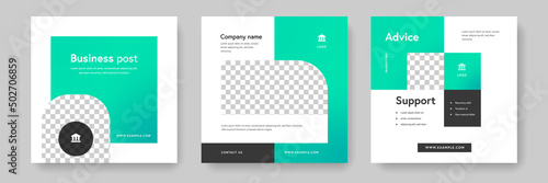 Minimalist business social media, clean and editable layouts for instagram and facebook, green square templates for company, corporate graphic with place for photos