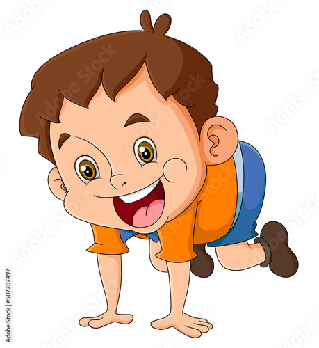 The happy boy is excited to crawl with a happy face
