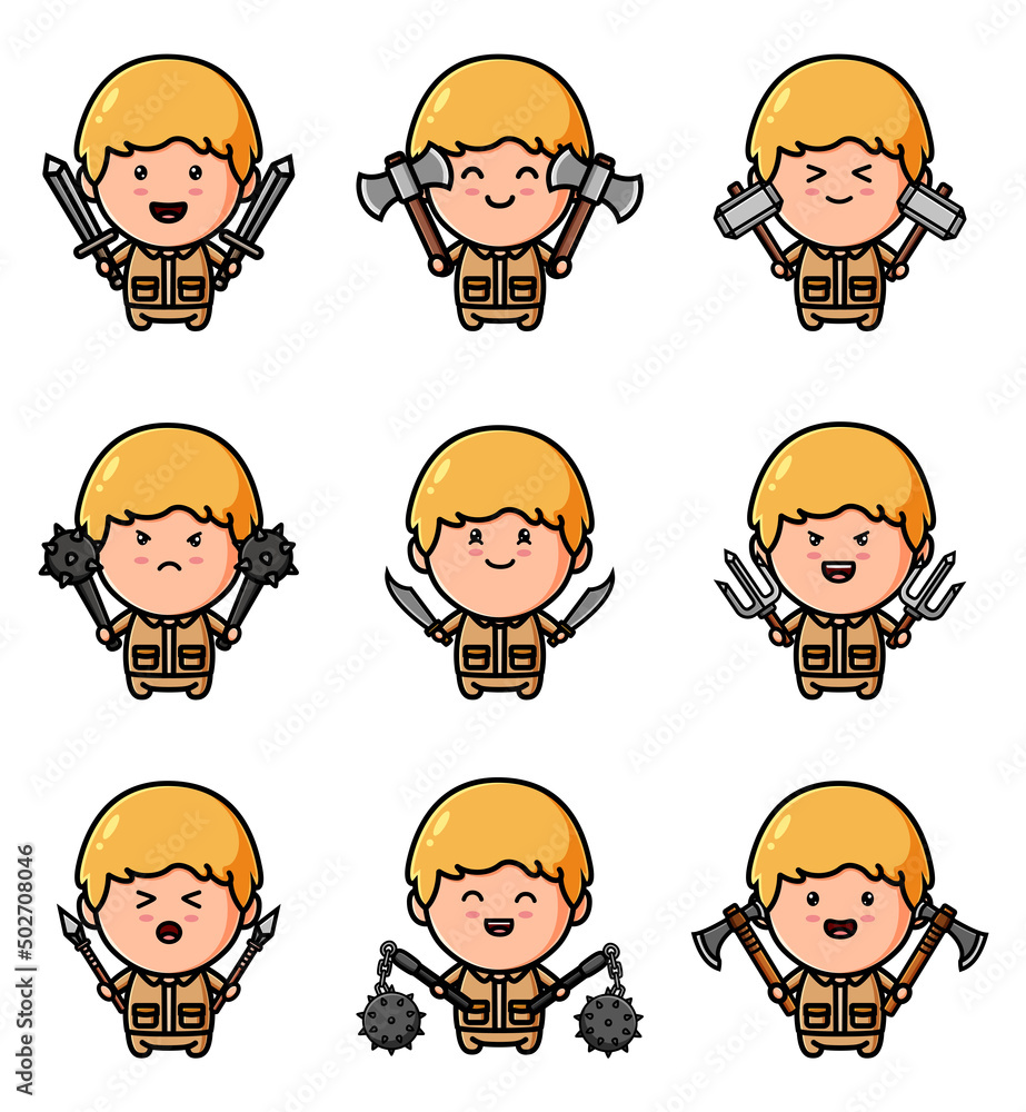 Fototapeta premium The collection of the mascot boy with the different twin sword bundle set