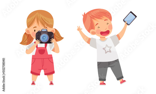 Adorable happy little boy and girl taking photo using smartphone and camera cartoon vector illustration