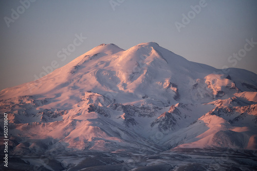 View of Elbrus. Mount Elbrus is the highest and most prominent peak in Russia and Europe