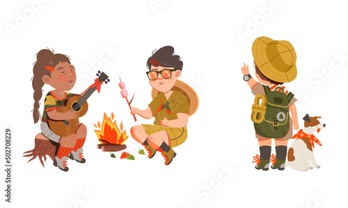 Scouting kids set. Boy and girl wearing uniform and neckerchiefs roasting marshmallows on campfire cartoon vector illustration