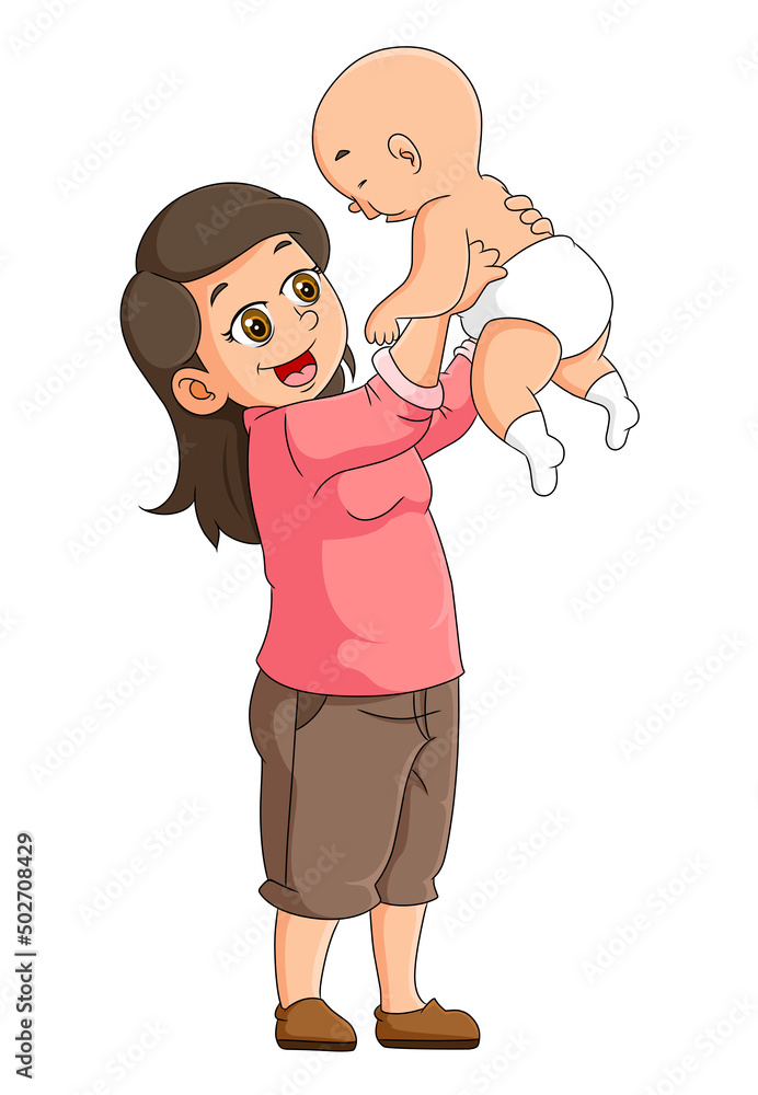 The mother is lifting the little baby The mother is lifting the little baby