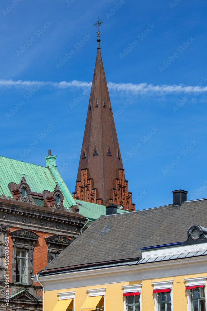 Stortorget, Great Square with historic buildings and tower of 14th century St. Peter's Church, Malmo, Sweden