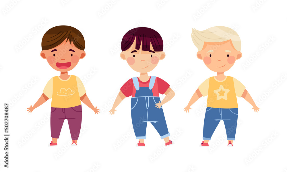 Cute boys of different nationalities standing together cartoon vector illustration