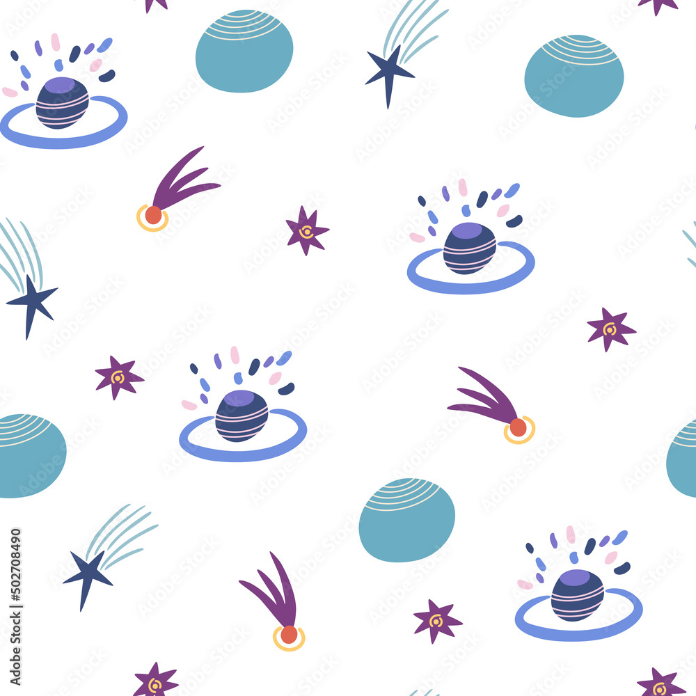 Space seamless pattern. Cosmic. Background with cartoon planets and stars. Perfect for children's designs, wallpaper, textile and print. Vector Hand draw illustration Space seamless pattern. Cosmic. Background with cartoon planets and stars. Perfect for children's designs, wallpaper, textile and print. Vector Hand draw illustration