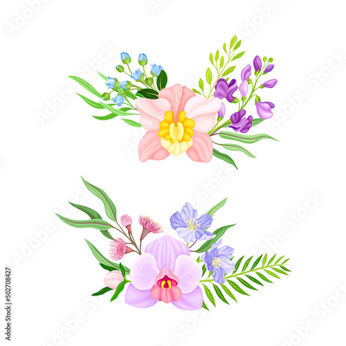 Bouquets with beautiful tropical flowers and leaves set. Floral composition with exotic plants for card  invitation decor vector illustration