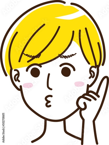 男性　女性　中性的　短髪　顔　表情　怒り顔　怒る　叱る　指差し　金髪　外国人