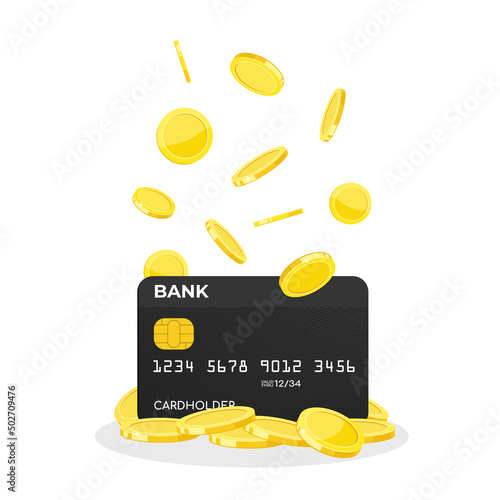 Coins fall on the bank card,  flat vector illustration. Crediting funds to a bank account. Cash back service concept.