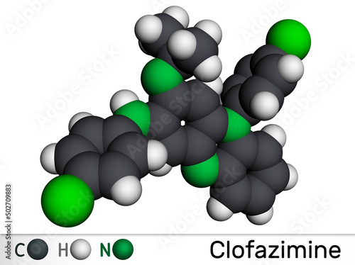 Clofazimine molecule. It is riminophenazine antimycobacterial used to treat leprosy Molecular model. photo