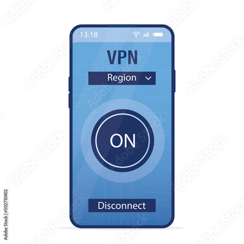 Modern smartphone with VPN application or plugin. Secure internet connection, data encryption. Security protocol. Virtual Private Network. Technology of protective access.