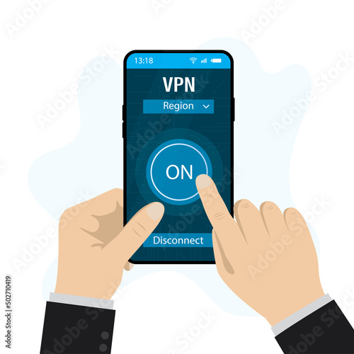 Hands use modern smartphone with VPN application or plugin. Secure internet connection, data encryption. Security protocol. Virtual Private Network. Protective access technology.