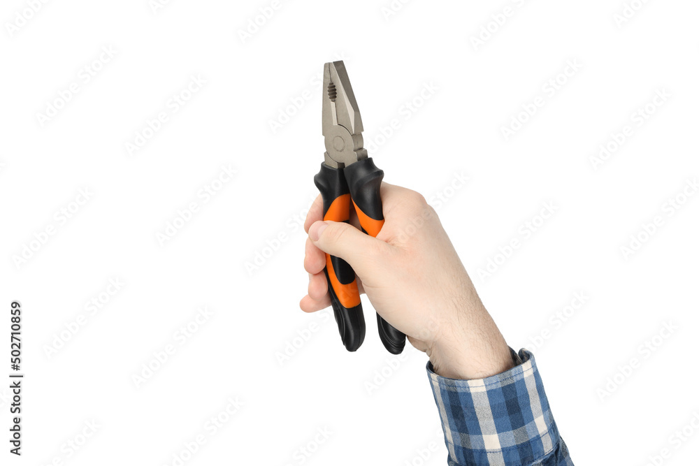 Male hand holds pliers, isolated on white background Male hand holds pliers, isolated on white background