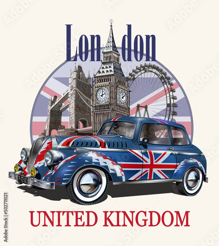 London vintage poster with Big Ben and retro car painted up as British flags.