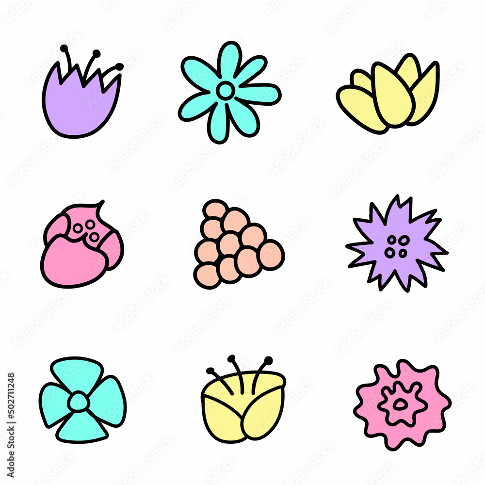 Set of flat icon flower icons in silhouette isolated on white background. Design elements for stickers, labels, tags, gift wrapping paper, banner, poster. Summer flowers set Set of flat icon flower icons in silhouette isolated on white background. Design elements for stickers, labels, tags, gift wrapping paper, banner, poster. Summer flowers set