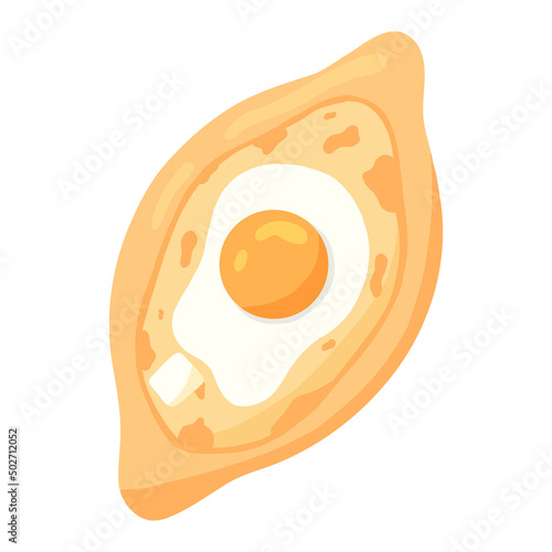 Traditional Adjarian and Georgian dish - Khachapuri. Freshly baked flat bread with cheese and egg isolated on white background. Vector hand drawn illustration.