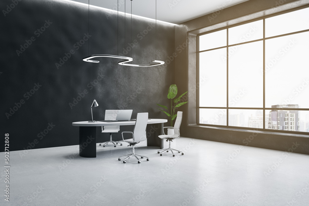 Luxury dark concrete office interior with furniture, window with city view, equipment and decorative plant. 3D Rendering. - obrazy, fototapety, plakaty 