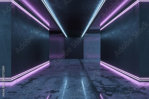 Slika na platnu Bright space corridor interior with purple lights