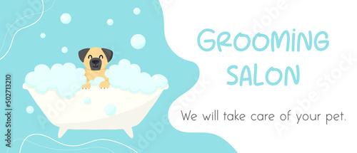 Grooming salon. Banner for grooming salon. Vector illustration in cartoon style. Cute pug in a bubble bath. Pet care.