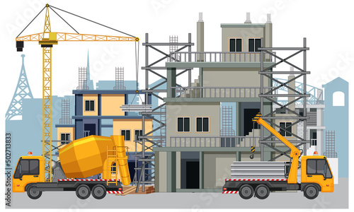 Building construction site with workers