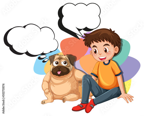 A boy and dog with callouts