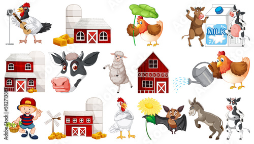 Many farm animals and barn