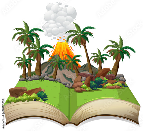 Open book with prehistoric landscape