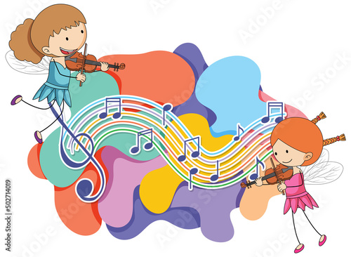 A little angel playing violin with music notes on white background