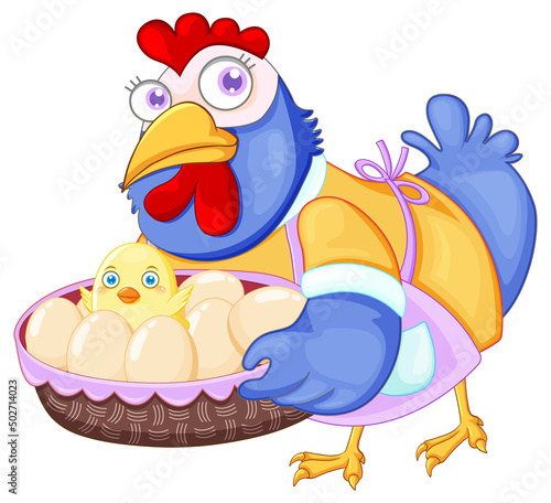 Cute chicken cartoon character holding a basket of eggs and chick