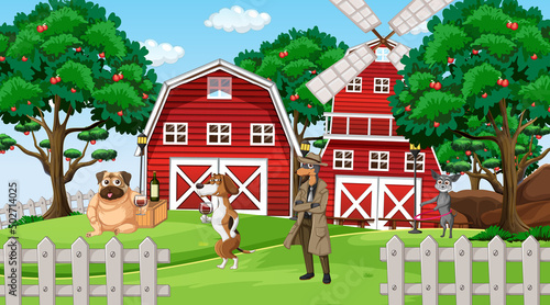 Outdoor farm scene with cartoon dogs