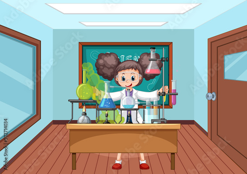 Classroom scene with scientist doing experiment