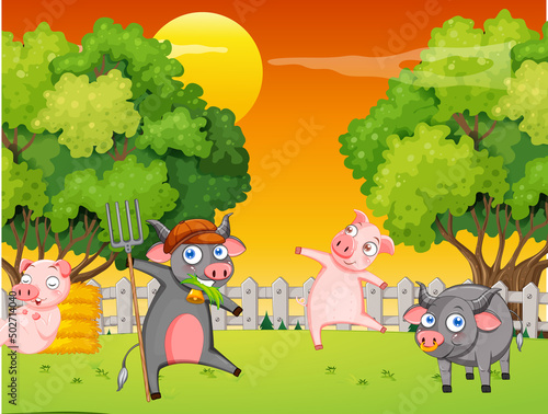 Farm scene with many animals dancing