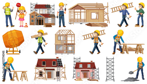 Set of construction site objects and workers
